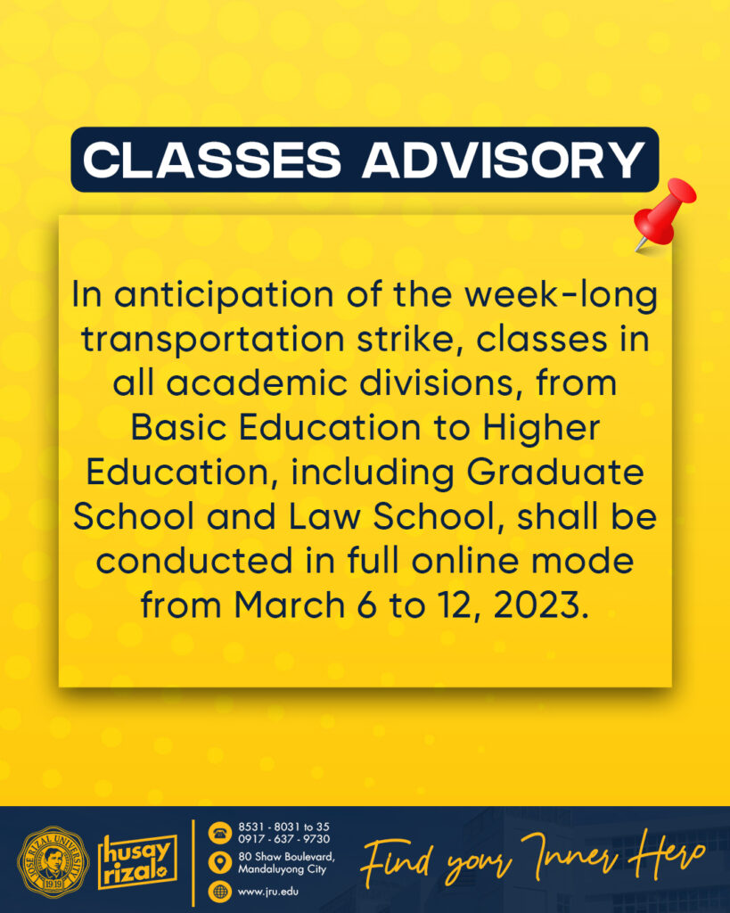 José Rizal University|Classes Advisory - March 6 to12, 2023
